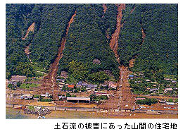 イラスト：土石流の被害にあった山間の住宅地