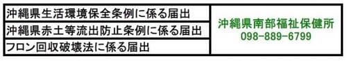 イラスト：沖縄県生活環境保全法令に係る届出、沖縄県赤土等流出防止条例に係る届出、フロン回収破壊法に係る届出は、沖縄県南部福祉保健課　電話098-889-6799