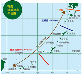 地図：奄美、琉球諸島の位置