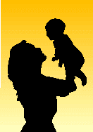 イラスト：赤ちゃんを抱きあげる母親のシルエット