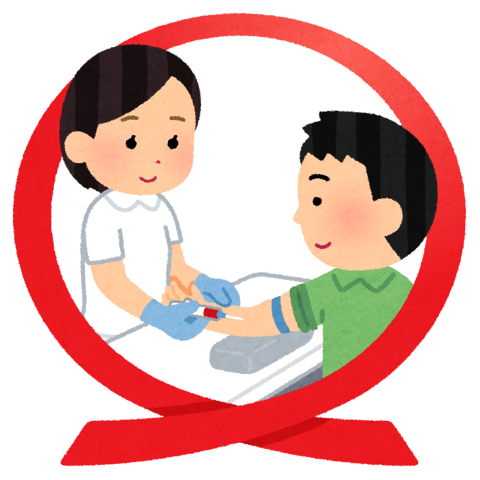 女性看護師が男の人に採血している様子を赤いリボン(エイズに偏見はない象徴)が囲んでいるのイラスト