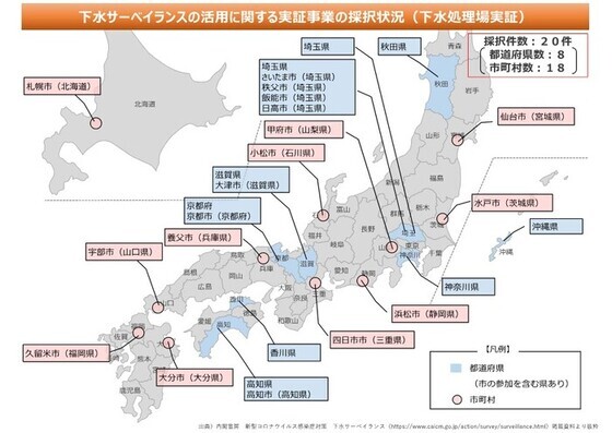 地図：下水サーベイランスの活用に関する実証事業の採択状況の地図