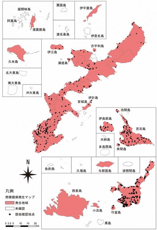 地図：沖縄県南根腐病罹病木位置図2022