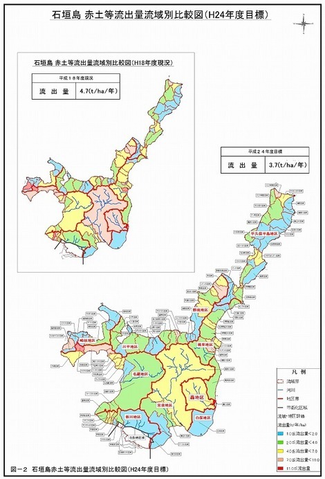 地図：石垣島　赤土等流出量流域別比較図（平成24年度目標）