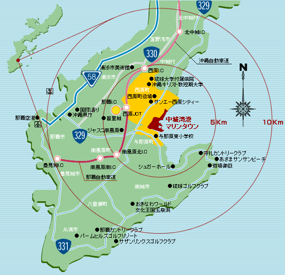 地図：マリンタウンへのアクセス