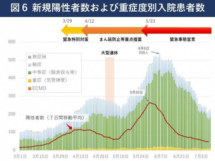 グラフ：新規陽性者数および重症度別入院患者数