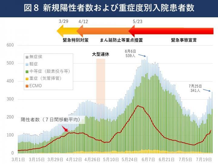 グラフ：新規陽性者数および重症度別入院患者数