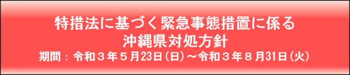 特例法に基づく緊急事態措置に係る沖縄県対処方針　期間：令和3年5月23日（日曜日）～令和3年8月31日（火曜日）