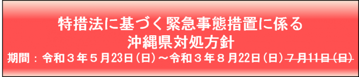 特例法に基づく緊急事態措置に係る沖縄県対処方針　期間：令和3年5月23日（日曜日）～令和3年8月22日（日曜日）