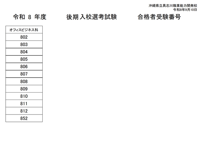 令和8年度後期入校選考試験合格者