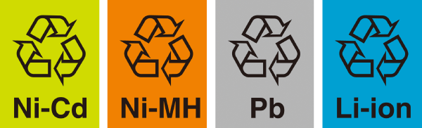 4つのリサイクルマークが並んでいる。左からニカド電池、ニッケル水素電池、小型シール鉛畜電池、リチウムイオン電池