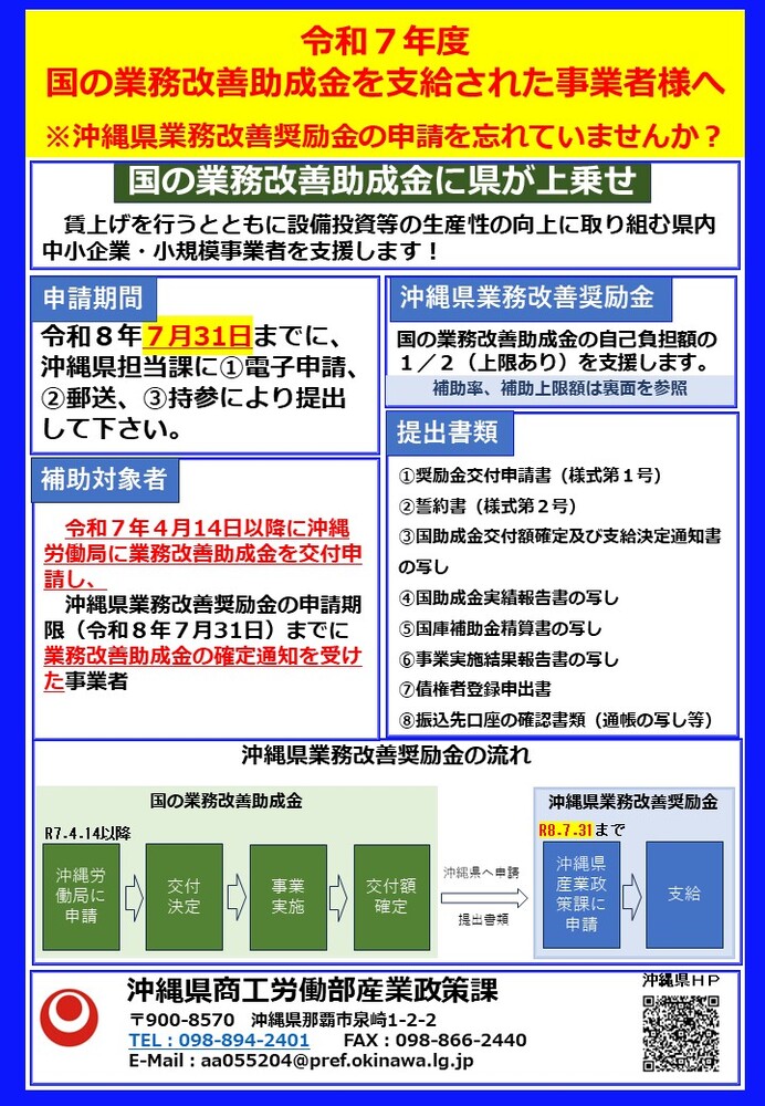 沖縄県業務改善奨励金のリーフレット（表面）